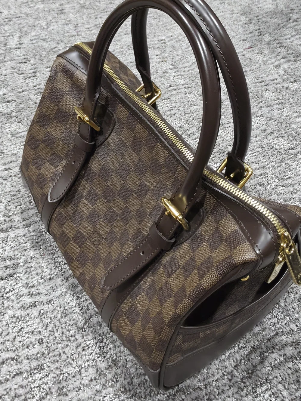 Louis Vuitton Brown Damier Ebene Satchel with Red Interior and Gold Hardware